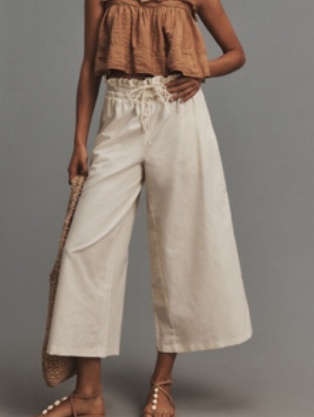Women's Cream Drawstring Cotton Linen Blend Paperbag Waist Wide-Leg Pants